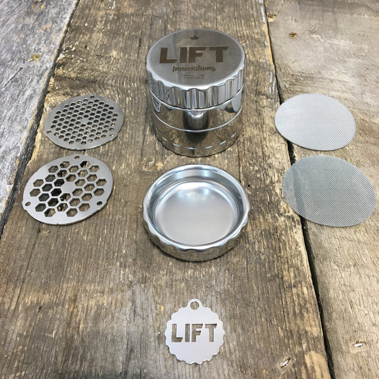 4 Piece STAINLESS STEEL Grinder with Accessories - email us at info@lift-innovations.com to be put on the waiting list